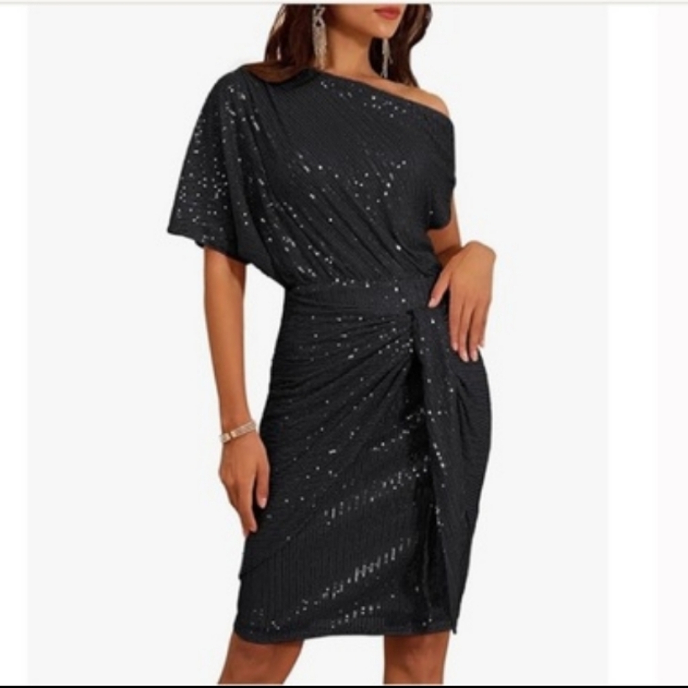 Grace Karin Black Glitter Off-Shoulder Cocktail Party Dress Size M NWOT